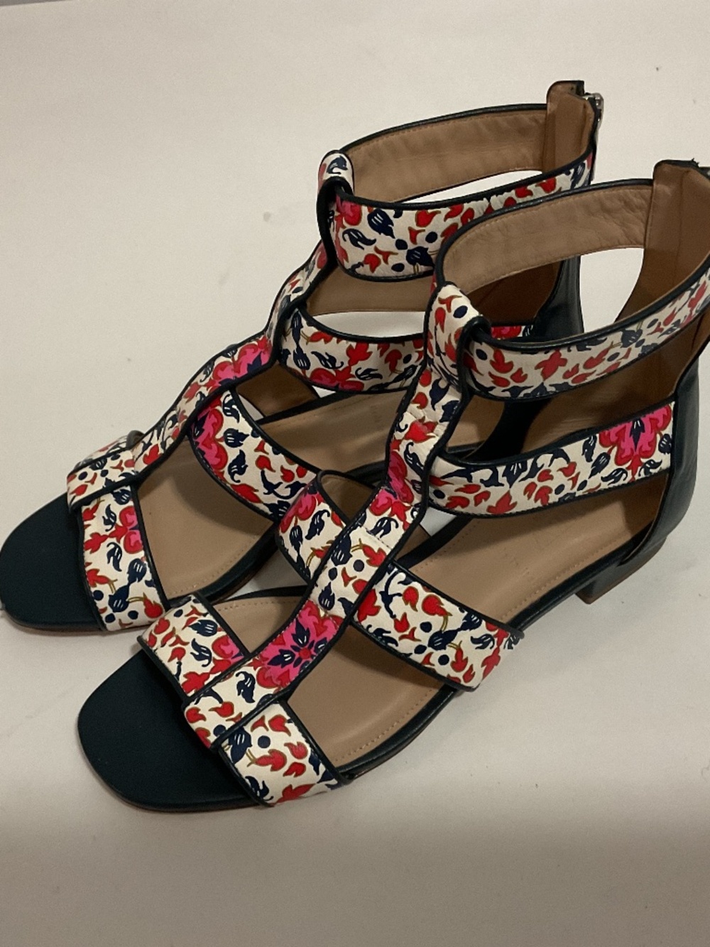 J. Crew Navy Floral Leather Gladiator Sandals,Made in Italy,6.5, Premium Line